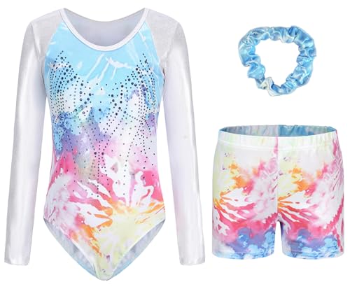 FEOYA Mädchen Turnanzug Turnshorts Haarband Set Langarm Kinder Gymnastikanzug Turnanzug mit Strasssteine Mädchen 3er Set Gymnastik Kleidung Tanzkostüme A 11-12 Jahre von FEOYA