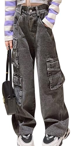 FEOYA Mädchen Weite Jeans Vintage Hosen Loose Fit Denim Lässige Pants Weite Bein Jeanshose Streetwear Cargohose mit Taschen 130 von FEOYA
