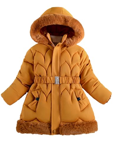 FEOYA Mädchen Winterjacke Gefütterte Winterparka mit Kapuze Warm Longjacke Wintermantel für Kinder 120-130 Gelb von FEOYA