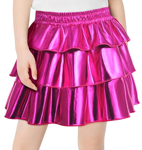 FEOYA Mädchenrock A-Linie Mädchenrock Kuchenrock Glänzender Faltenrock Liquid Metallic Rock Mini Skater Rock Elastischer Kostüme Ballettkleidung Tanzrock Rosa 14 Jahre von FEOYA