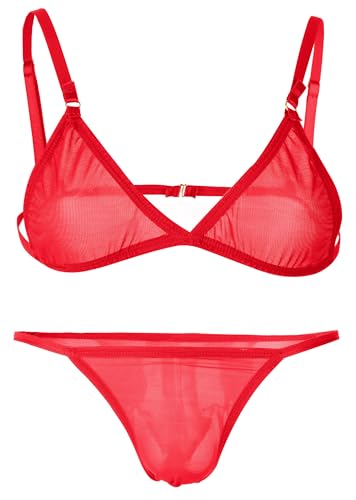 FEOYA Männer Sissy Unterwäsche BH Höschen Dessous Set Nachtwäsche Crossdressers String Bikini Set Spaghetti Träger BH Top mit Niedrige Taille Slips Sissy Dessous Rot M von FEOYA