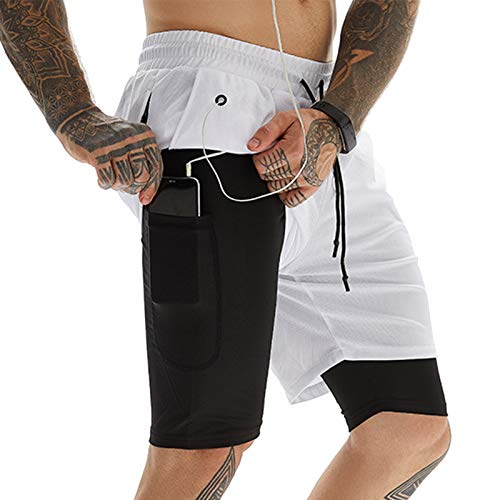 FEOYA Männer Sportshorts 2 in 1 Kurze Badehose Strandshorts mit Taschen Herrenshorts Schnelltrocknende Fitnessshorts Trainingshorts Laufshorts Joggingshorts Dual Kurze Schwimmhose-Weiß-L von FEOYA