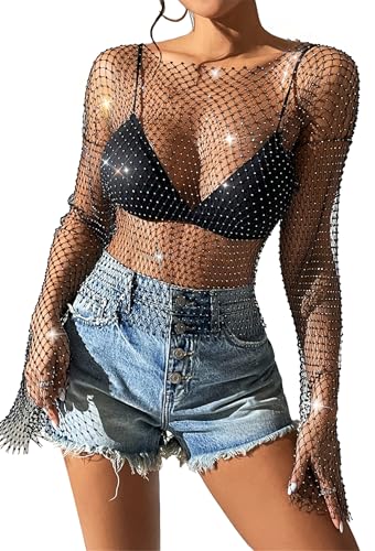 FEOYA Mesh Kristall Y2k Crop Top Glitzer Top Fischnetz Cover Up Strass Netzshirt Pailletten Netzoberteil für Nachtclub Party Festival Schwarz S von FEOYA