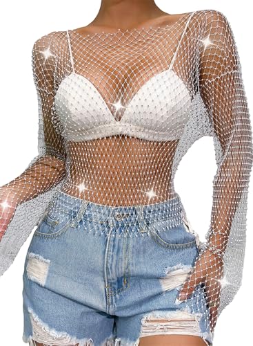 FEOYA Mesh Kristall Y2k Crop Top Glitzer Top Fischnetz Cover Up Strass Netzshirt Pailletten Netzoberteil für Nachtclub Party Festival Weiß XS von FEOYA