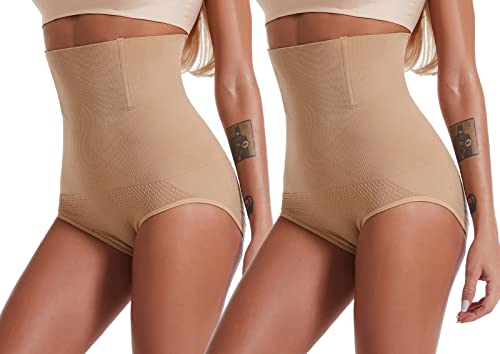 FEOYA Modellierhose mit Taillengürtel für Damen, hohe Taille, Abdomen, schlank, zur Erholung nach der Geburt, Beige 2 STK., 54 von FEOYA