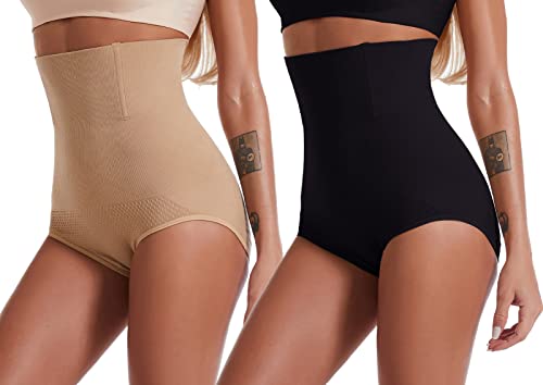 FEOYA Modellierhose mit Taillengürtel für Damen, hohe Taille, Abdomen, schlank, zur Erholung nach der Geburt, Schwarz + Beige, 54 von FEOYA