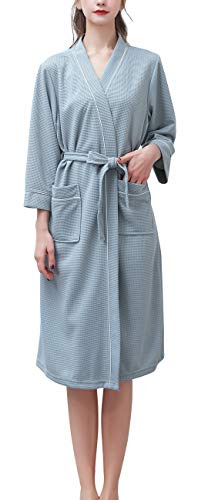 FEOYA Morgenmantel Damen Baumwolle Bademantel Damen Sommer Morgenmantel Frauen Lang Kimono Damen Baumwolle Nachtwäsche Saunamantel für Alle Jahreszeiten S-XXL (Waffel-Grün, 3XL) von FEOYA