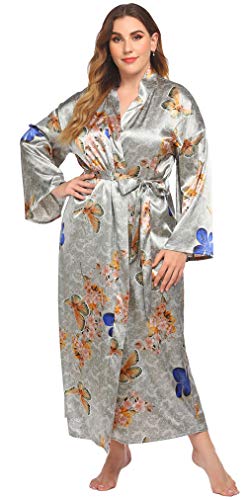 FEOYA Morgenmantel Damen Große Größe Bademantel Satin Sommer Damen Kimono Satin Lang Nachtwäsche Langarm Damen Schlafanzüge Kimono Satin Frauen Nachthemd Robe Saunamantel 3XL von FEOYA