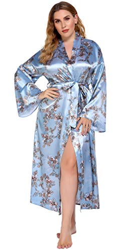 FEOYA Morgenmantel Damen Große Größe Bademantel Satin Sommer Damen Kimono Satin Lang Nachtwäsche Langarm Damen Schlafanzüge Kimono Satin Frauen Nachthemd Robe Saunamantel 4XL von FEOYA