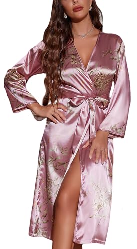 FEOYA Morgenmantel Damen Satin Lang Seide Leicht Bademantel Lange Robe Hausmantel Nachtwäsche V Ausschnitt Morgenmantel für Spa Haus und Hotel Rosa XS FEOYA Morgenmantel Damen Satin Lang Seide Leicht Bademantel Lange Robe Hausmantel Nachtwäsche V Ausschnitt Morgenmantel für Spa Haus und Hotel Rosa XS von FEOYA