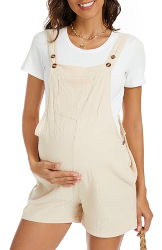 FEOYA Mutterschafts Latzhose Damen Baumwolle Latzhose Schwangerschaft Kurz Overalls Sommer Frauen Umstands Jumpsuit Aprikose M von FEOYA