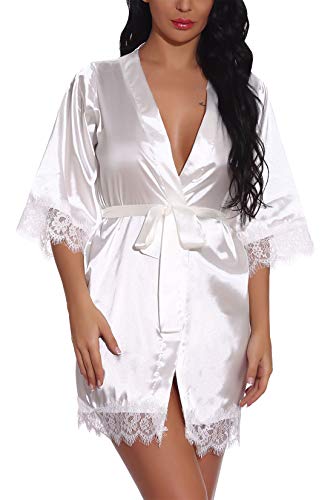 FEOYA Nacht Robe Damen Kimono Morgenmantel Satin Kimono Robe Kurz Bademantel Frauen Schlafanzug Nachtwäsche Satin Nachthemd Weiß L von FEOYA