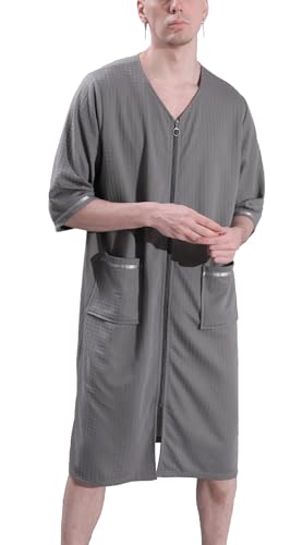 FEOYA Nachthemd Herren Baumwolle Nachthemd Kurzarm Sleepshirt Schlafanzugoberteil Herren Summer S-3XL (Zip-Grau, 3XL) von FEOYA