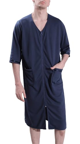 FEOYA Nachthemd Herren Baumwolle Nachthemd Kurzarm Sleepshirt Schlafanzugoberteil Herren Summer S-3XL (Zip-Navy blau, 3XL) von FEOYA