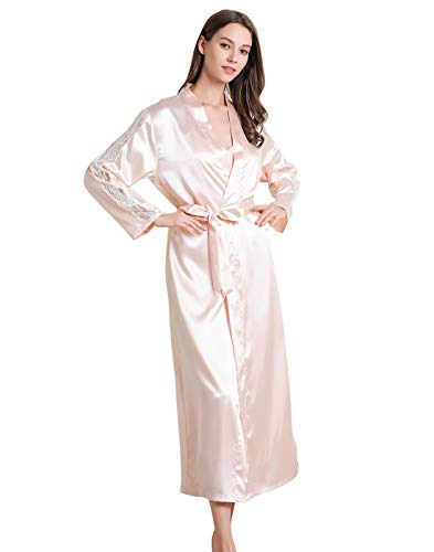 FEOYA Nachthemd mit Morgenmantel Damen Nachtwäsche Damen Satin Set Zweiteilige Nachtkleid und Kimono Pyjama Robe Stücke Sleepwear L Champagner von FEOYA