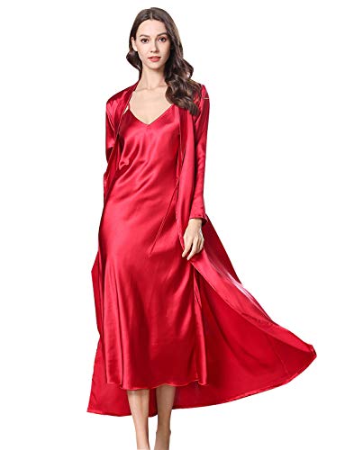 FEOYA Negligee Satin Damen Lang Zweiteilige Nachtkleid und Kimono Set Pyjama Robe Lang Damen Nachthemd mit Morgenmantel Set M Rot von FEOYA