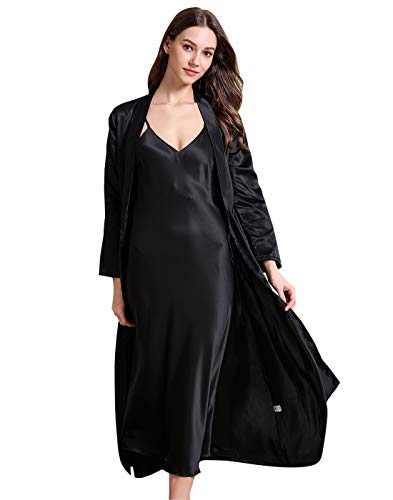 FEOYA Negligee Satin Damen Lang Zweiteilige Nachtkleid und Kimono Set Pyjama Robe Lang Damen Nachthemd mit Morgenmantel Set M Schwarz von FEOYA