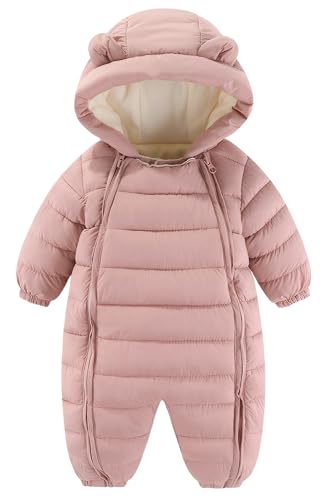 FEOYA Neugeborene Strampler Einteilige Baby Jungen Mädchen Daunenmantel mit Kapuze Kleinkind Jumpsuit Mit Doppelreißverschluss Rosa 10-18 Monate von FEOYA