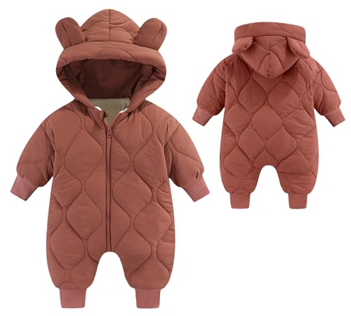 FEOYA Neugeborenes Schneeanzug Winter Strampler Langarm Warm Overall mit Kapuze Junge Mädchen Reißverschluss Dicker Jumpsuit Niedliche Spielanzug Outfits 3-6 Monate von FEOYA