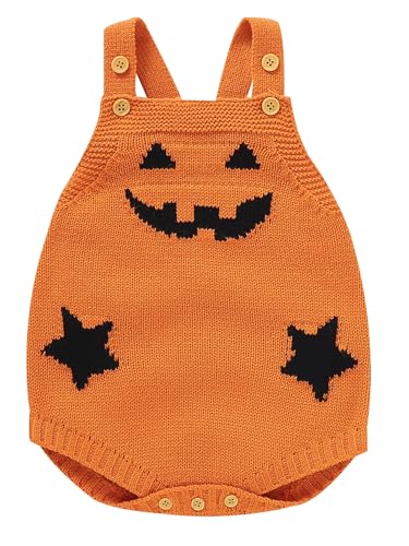 FEOYA Newborn Baby Strampler Halloween Pumpkin Overalls Knitted Sweater Sweatshirt Hosenträger Ärmellose Jumpsuit Jungen Mädchen Festlich Party Süßes Kürbis Outfits mit Knöpfen für 0-3 Monate von FEOYA