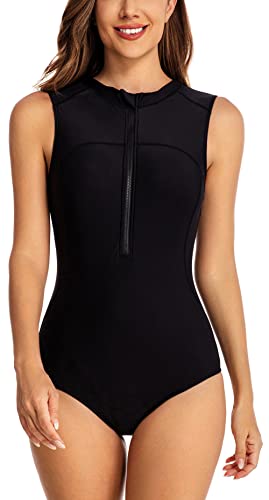 FEOYA One-Piece Badeanzug Damen Ärmellos Schwimmeinteiler Bademode mit Reißverschluss Slim Fit Swimwear Hersteller L/DE-Größe 40-42 - Muster 8 von FEOYA