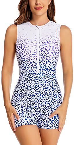 FEOYA One-Piece Badeanzug Damen Ärmellos Schwimmeinteiler Bademode mit Reißverschluss Slim Fit Swimwear Hersteller M/DE-Größe 38-40 - Muster 9 von FEOYA