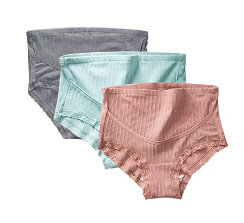 FEOYA Over Bump Umstandsunterwäsche Baumwolle Übergröße Schwangerschaft Höschen Hohe Taille Postpartum Support Slips (L-5XL, 3er-Pack), Kamee + Grau + Blue Haze, 5XL von FEOYA