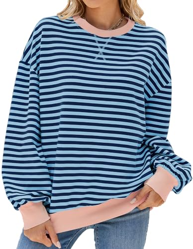 FEOYA Oversized Sweatshirt Damen Gestreiftes Langarmshirts Color Block Rundhals Lässig Pullover Casual Y2K Shirt Herbst Winter Blau Grau S von FEOYA