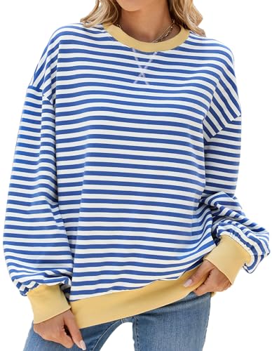 FEOYA Oversized Sweatshirt Damen Gestreiftes Langarmshirts Color Block Rundhals Lässig Pullover Casual Y2K Shirt Herbst Winter Blau Weiß S von FEOYA