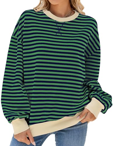 FEOYA Oversized Sweatshirt Damen Gestreiftes Langarmshirts Color Block Rundhals Lässig Pullover Casual Y2K Shirt Herbst Winter Grün Blau XXL von FEOYA