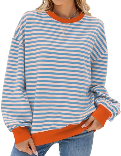 FEOYA Oversized Sweatshirt Damen Gestreiftes Langarmshirts Color Block Rundhals Lässig Pullover Casual Y2K Shirt Herbst Winter Rosa Grau S von FEOYA