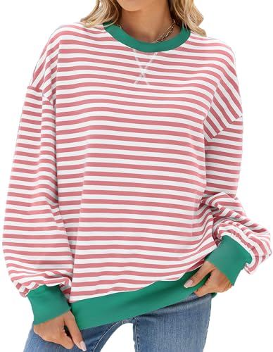 FEOYA Oversized Sweatshirt Damen Gestreiftes Langarmshirts Color Block Rundhals Lässig Pullover Casual Y2K Shirt Herbst Winter Rosa Weiß XL von FEOYA