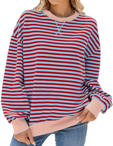 FEOYA Oversized Sweatshirt Damen Gestreiftes Langarmshirts Color Block Rundhals Lässig Pullover Casual Y2K Shirt Herbst Winter Rot Grau M von FEOYA