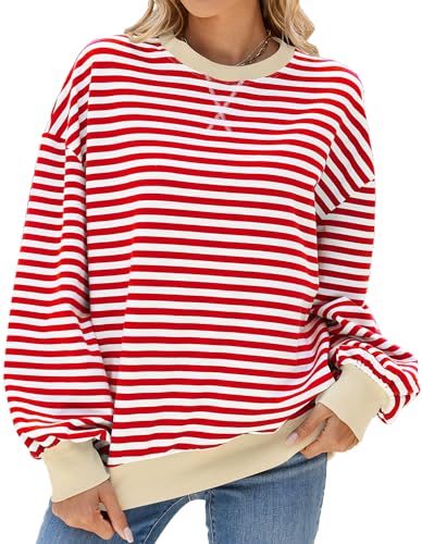 FEOYA Oversized Sweatshirt Damen Gestreiftes Langarmshirts Color Block Rundhals Lässig Pullover Casual Y2K Shirt Herbst Winter Rot Weiß XL von FEOYA