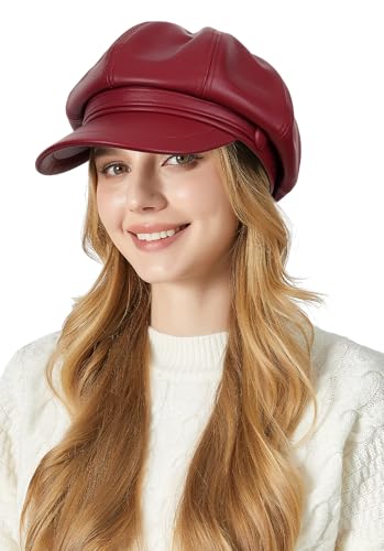 FEOYA PU Leder Ballonmütze 8 Panels Baskenmützen Bakerboy Schirmmütze Newsboy Cap Barett Hut Maler Kappe Herbst Winter Rot von FEOYA