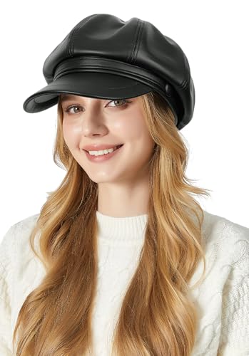 FEOYA PU Leder Ballonmütze 8 Panels Baskenmützen Bakerboy Schirmmütze Newsboy Cap Barett Hut Maler Kappe Herbst Winter Schwarz von FEOYA