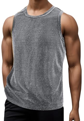 FEOYA Pailletten Tank Top Herren Glänzend Ärmelloses Oberteil Slim Fit Sommer Unterhemd Ärmelloses Disco Shirt Mode Unterhemden für Party Club Performance Silver XXL von FEOYA