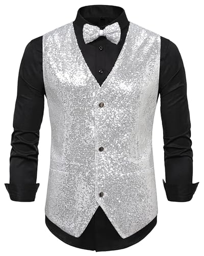 FEOYA Pailletten Weste Herren Ärmellos V-Ausschnitt Glänzende Weste Fliege Set Prom Party Disco Festival Anzug Weste 2 Stück 02 Silber XL von FEOYA