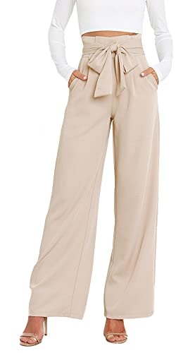 FEOYA Paperbag Hose Mit Weitem Bein Damen Palazzo Hose Elegant Formal Anzughose Hohe Taille Apricot XL Hose Weite Beine mit Elastischem Bund Taschen Marlenehose Leichte Hose Breites Bein Pants Lang von FEOYA