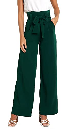 FEOYA Paperbag Hose Mit Weitem Bein Damen Palazzo Hose Elegant Formal Anzughose Hohe Taille Grün L Hose Weite Beine mit Elastischem Bund Taschen Marlenehose Leichte Hose Breites Bein Pants Lang Frauen von FEOYA