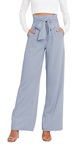FEOYA Paperbag Hose Mit Weitem Bein Damen Palazzo Hose Elegant Formal Anzughose Hohe Taille Hellblau S Hose Weite Beine mit Elastischem Bund Taschen Marlenehose Leichte Hose Breites Bein Pants Lang von FEOYA