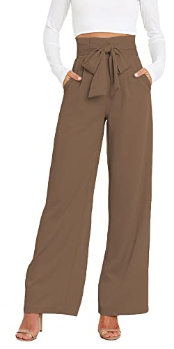 FEOYA Paperbag Hose Mit Weitem Bein Damen Palazzo Hose Elegant Formal Anzughose Hohe Taille Khaki S Hose Weite Beine mit Elastischem Bund Taschen Marlenehose Leichte Hose Breites Bein Pants Lang von FEOYA