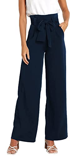 FEOYA Paperbag Hose Mit Weitem Bein Damen Palazzo Hose Elegant Formal Anzughose Hohe Taille Marineblau L Hose Weite Beine mit Elastischem Bund Taschen Marlenehose Leichte Hose Breites Bein Pants Lang von FEOYA