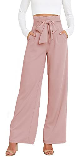 FEOYA Paperbag Hose Mit Weitem Bein Damen Palazzo Hose Elegant Formal Anzughose Hohe Taille Rosa M Hose Weite Beine mit Elastischem Bund Taschen Marlenehose Leichte Hose Breites Bein Pants Lang Frauen von FEOYA