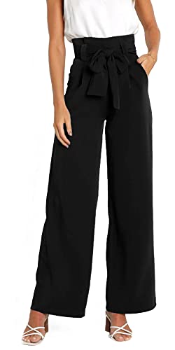 FEOYA Paperbag Hose Mit Weitem Bein Damen Palazzo Hose Elegant Formal Anzughose Hohe Taille Schwarz L Hose Weite Beine mit Elastischem Bund Taschen Marlenehose Leichte Hose Breites Bein Pants Lang von FEOYA