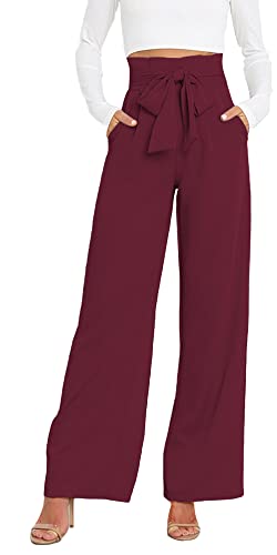 FEOYA Paperbag Hose Mit Weitem Bein Damen Palazzo Hose Elegant Formal Anzughose Hohe Taille Weinrot S Hose Weite Beine mit Elastischem Bund Taschen Marlenehose Leichte Hose Breites Bein Pants Lang von FEOYA