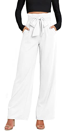FEOYA Paperbag Hose Mit Weitem Bein Damen Palazzo Hose Elegant Formal Anzughose Hohe Taille Weiß L Hose Weite Beine mit Elastischem Bund Taschen Marlenehose Leichte Hose Breites Bein Pants Lang Frauen von FEOYA