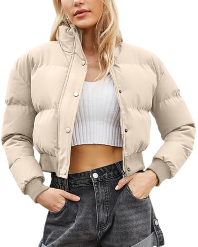 FEOYA Puffer Jacke Damen Kurze Winterjacke Cropped Steppjacke Daunenjacke Bauchfrei Jacke Winter Warme Reißverschluss Daunenmantel DE-Größe XS/Hersteller S Khaki von FEOYA