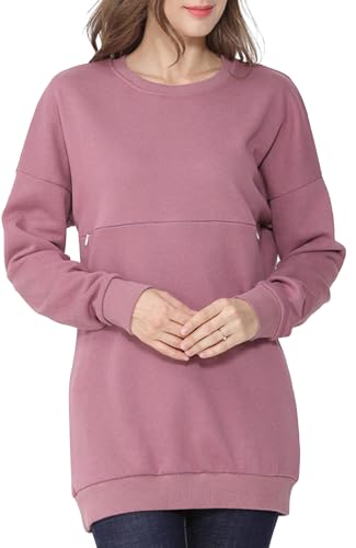 FEOYA Pullover Schwangerschaft Damen Still Oberteil Langarm Umstandspullover Sweatshirt zum Stillen Fleece Stilloberteile Rosa XXL von FEOYA