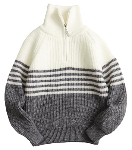 FEOYA Pullover für Kinder Herbst Winter Jungen Langarm Strickpullover Warm Sweaters mit Halb Reißverschluss Gestreiften Top 11-12 Jahre von FEOYA